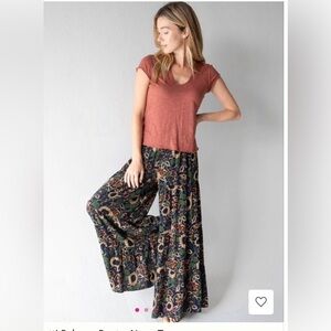 NATURAL LIFE Patti Palazzo Pants - Navy & Tan Dahlias - Size L - NWT